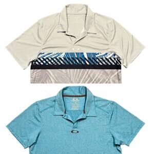 Oakley Hydrolix Gray Palm Floral Blue Golf Polo Shirts Lot of 2 Mens Size Medium